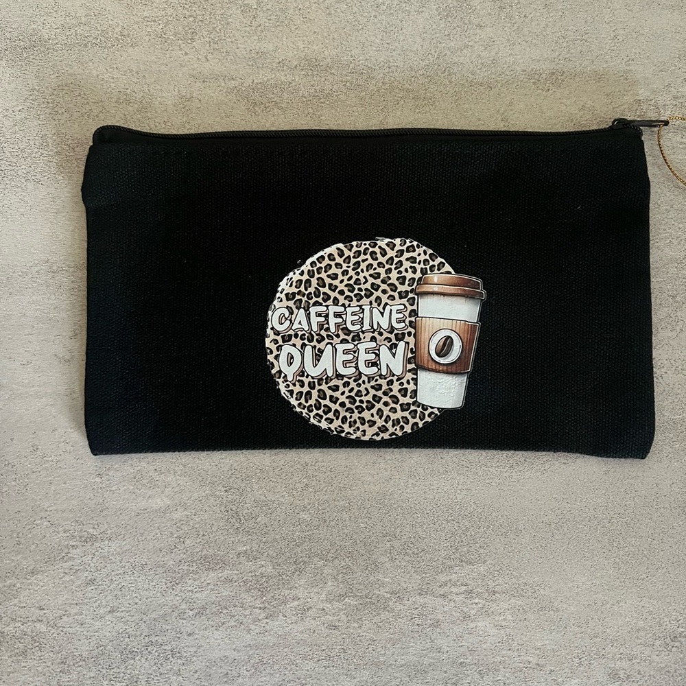 Leopard Print 'Caffeine Queen' Cosmetic Bag Chic Travel Pencil Pouch Makeup Bag